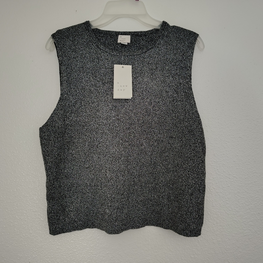 A New Day Metallic Knit Sleeveless Top Sz XXL NWT Silver Black Shimmer